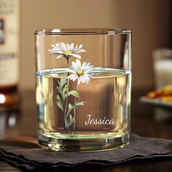 Personalized Floral Whiskey Glass, Custom Daisy Design with Name - Perfect Gift for Her