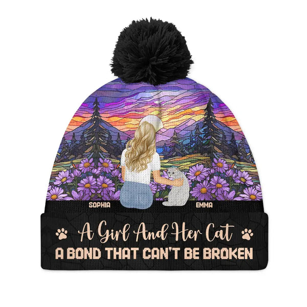 Flower Field A Girl And Her Dog And Cat - Personalized Bobble Beanie Hat